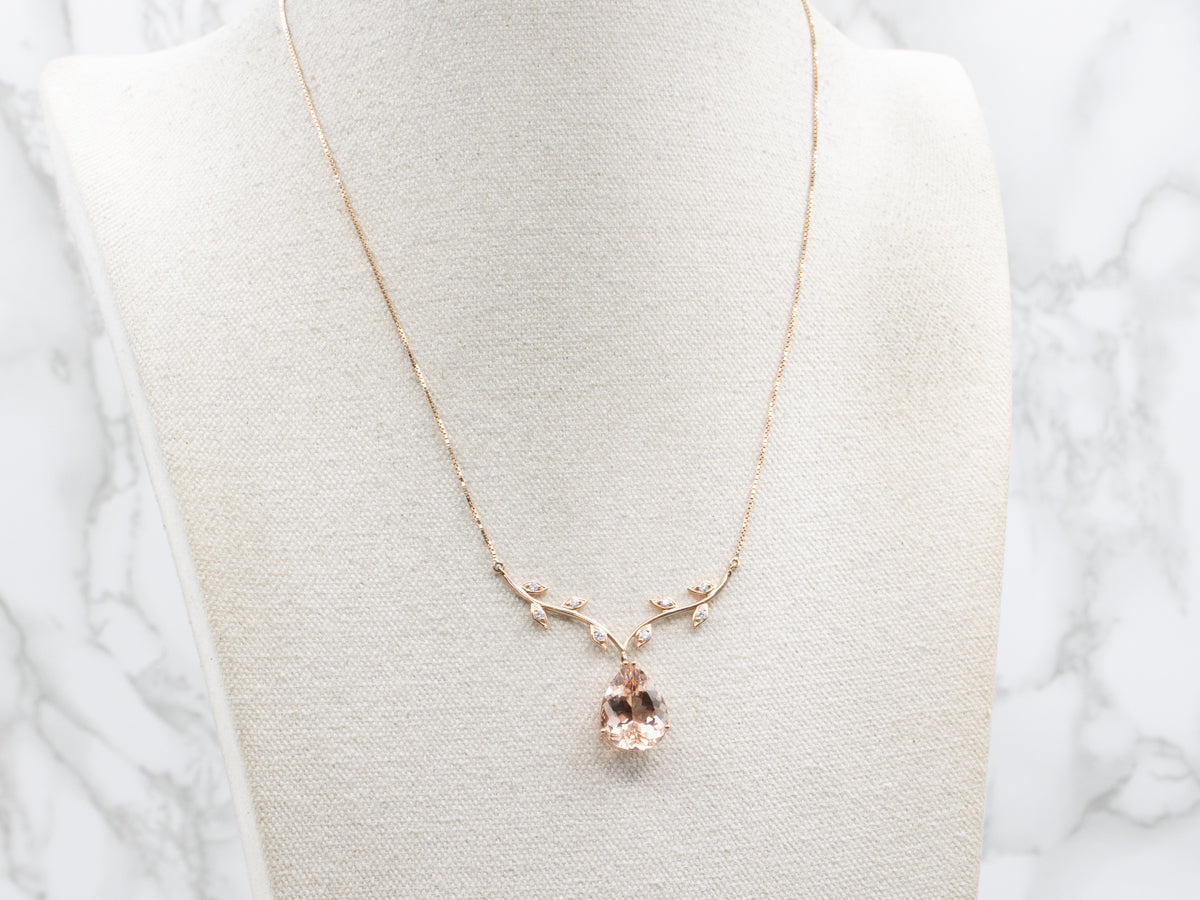 Dreamy Morganite and Diamond Rose Gold Botanical Branch Necklace