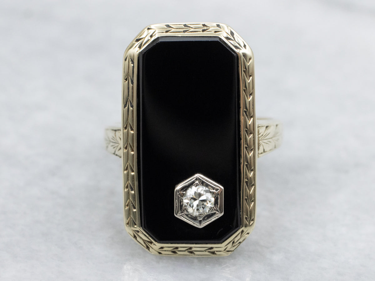 Antique Black Onyx Ring with Old Mine Cut Diamond Accent