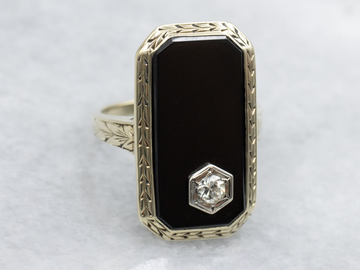 Antique Black Onyx Ring with Old Mine Cut Diamond Accent