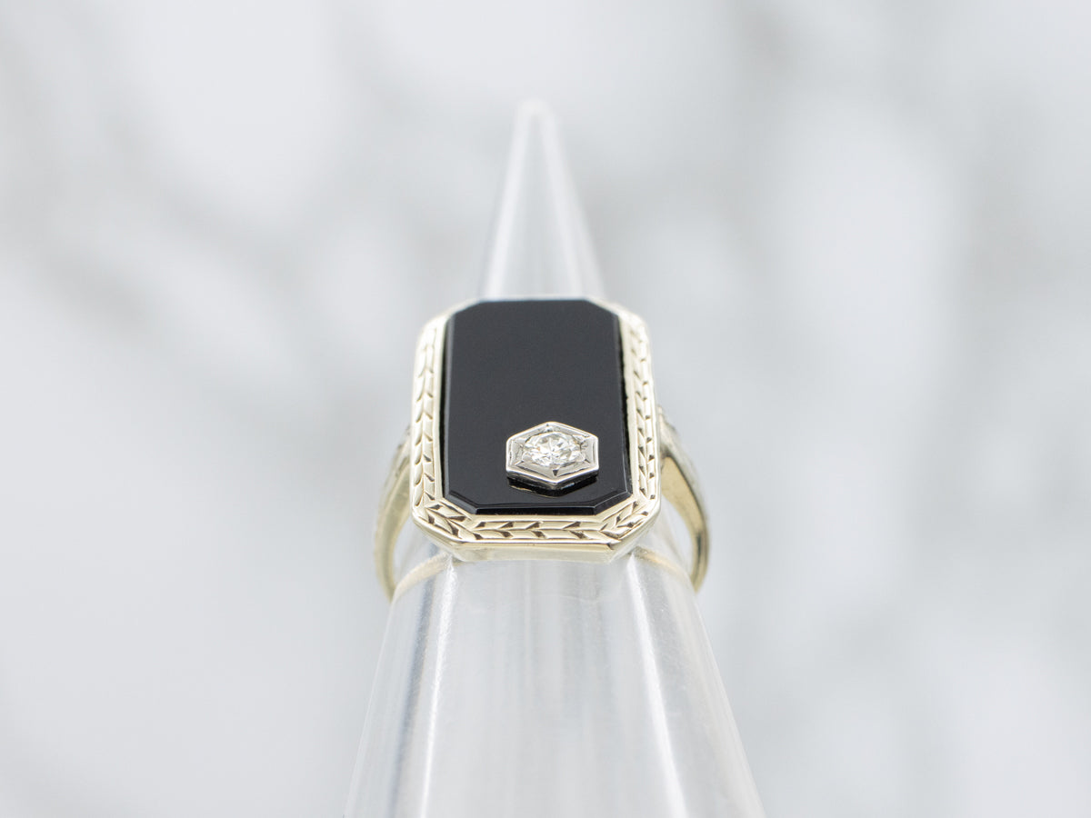 Antique Black Onyx Ring with Old Mine Cut Diamond Accent