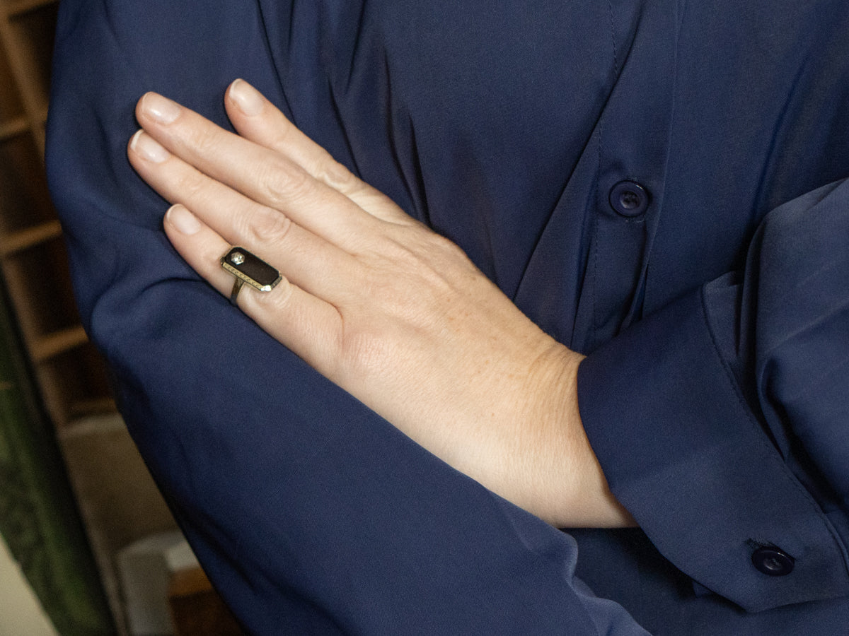 Antique Black Onyx Ring with Old Mine Cut Diamond Accent