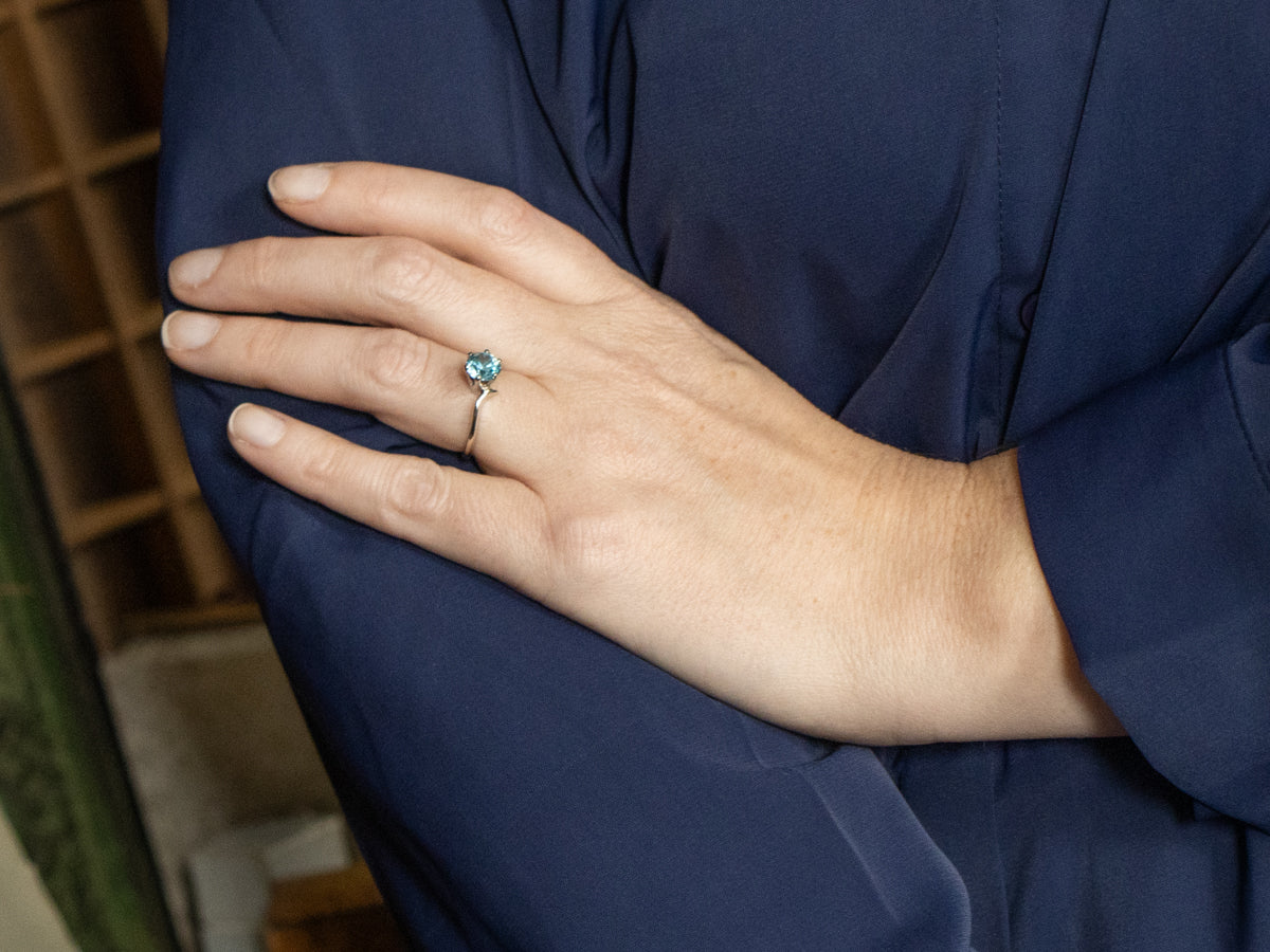 Round Cut Blue Zircon Solitaire Bypass Ring