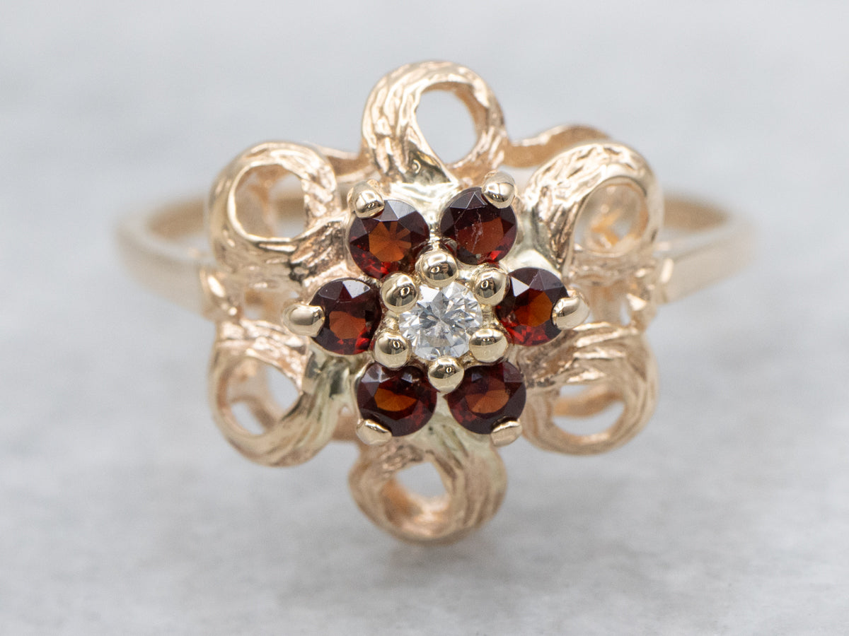 Vintage Gold Diamond and Garnet Floral Halo Ring
