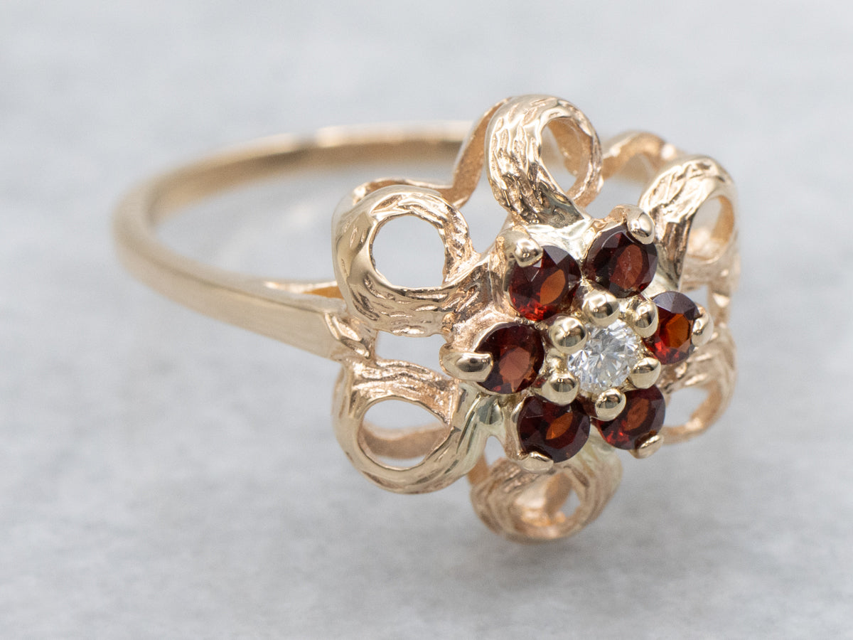 Vintage Gold Diamond and Garnet Floral Halo Ring