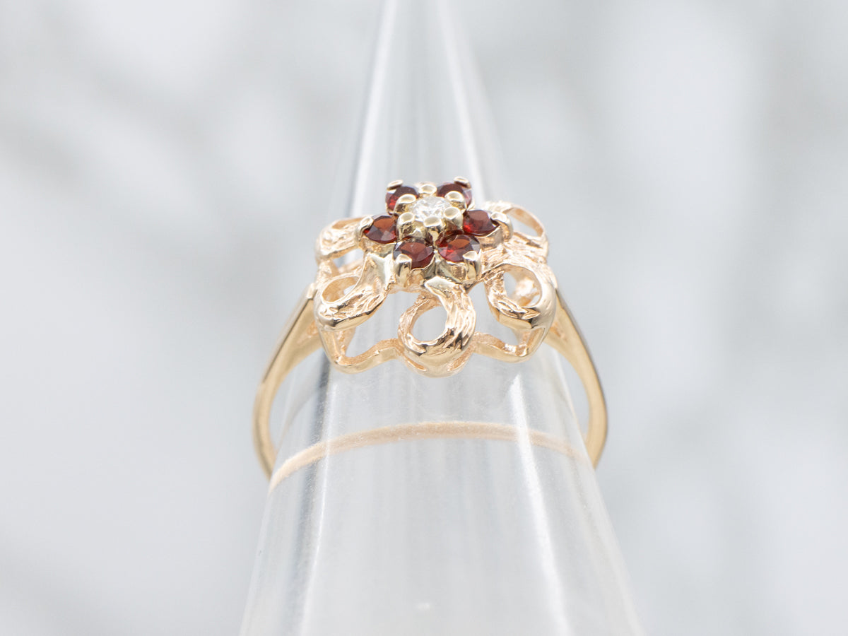 Vintage Gold Diamond and Garnet Floral Halo Ring