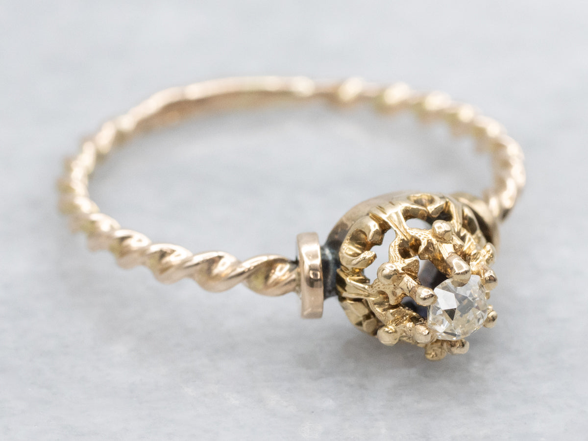 Ornate Twisted Old Mine Cut Diamond Solitaire Engagement Ring