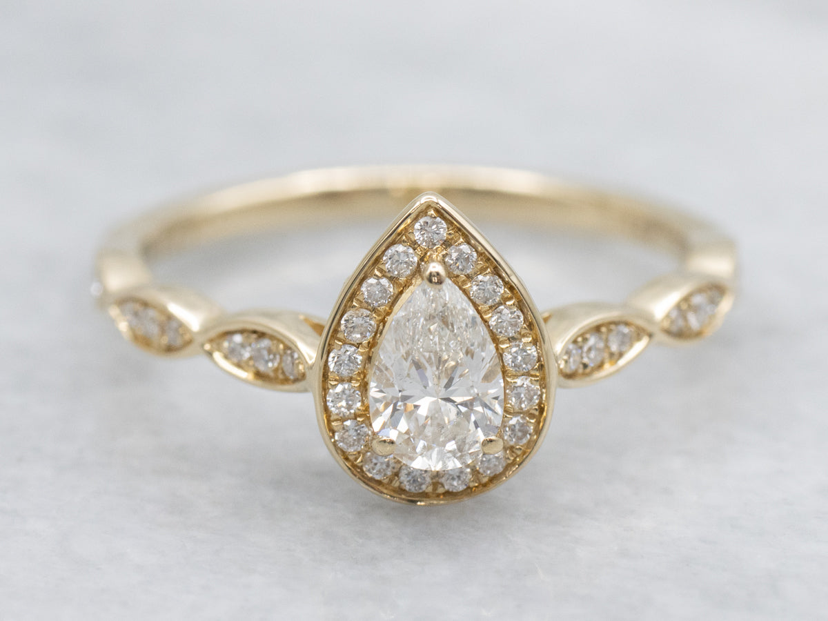 Modern Gold Pear-Cut Diamond Halo Engagement Ring