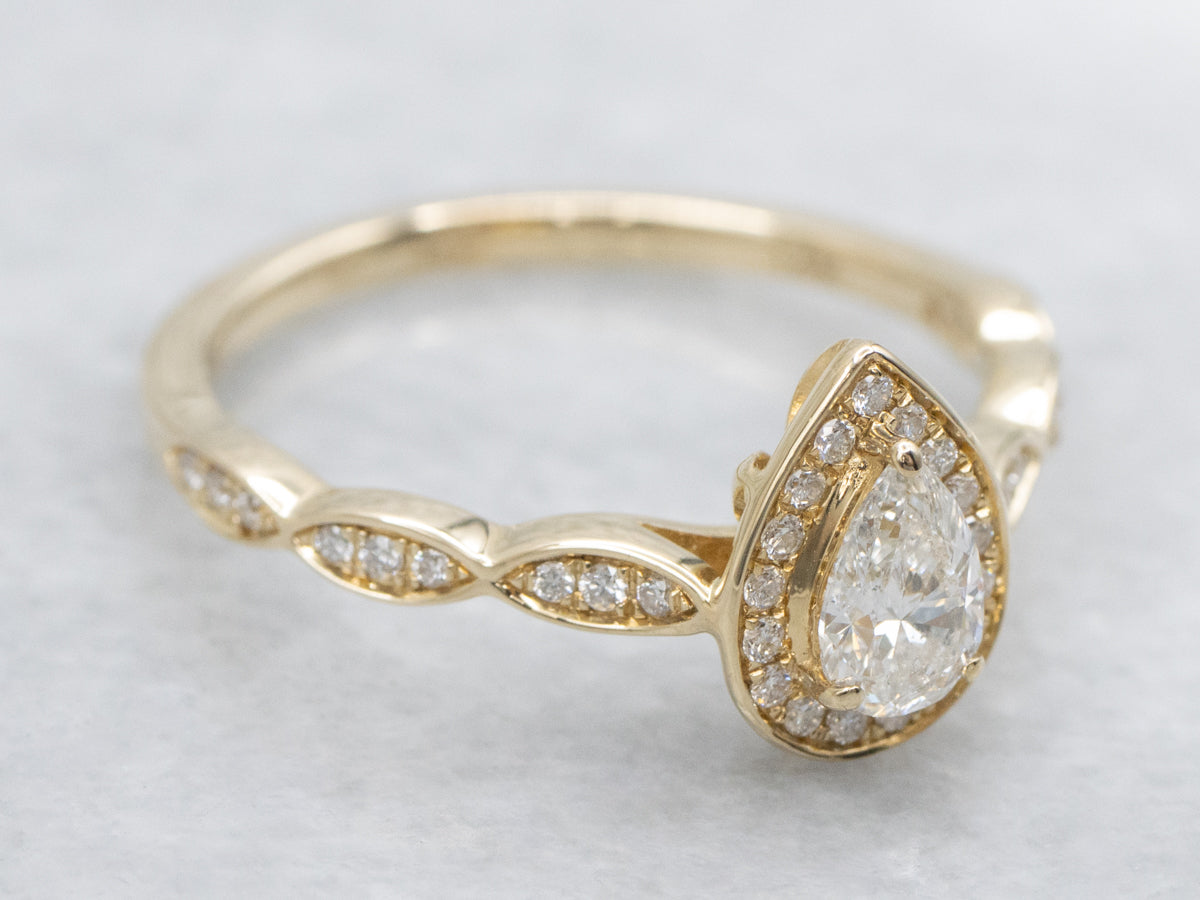 Modern Gold Pear-Cut Diamond Halo Engagement Ring