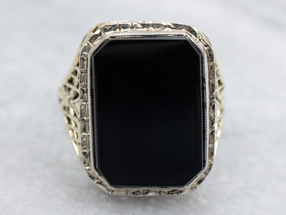 Art Nouveau Two Tone Onyx Filigree Ring