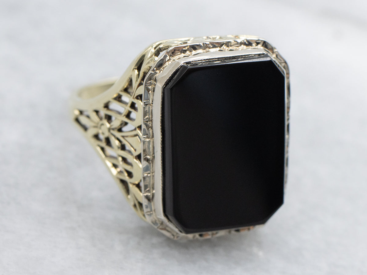 Art Nouveau Two Tone Onyx Filigree Ring