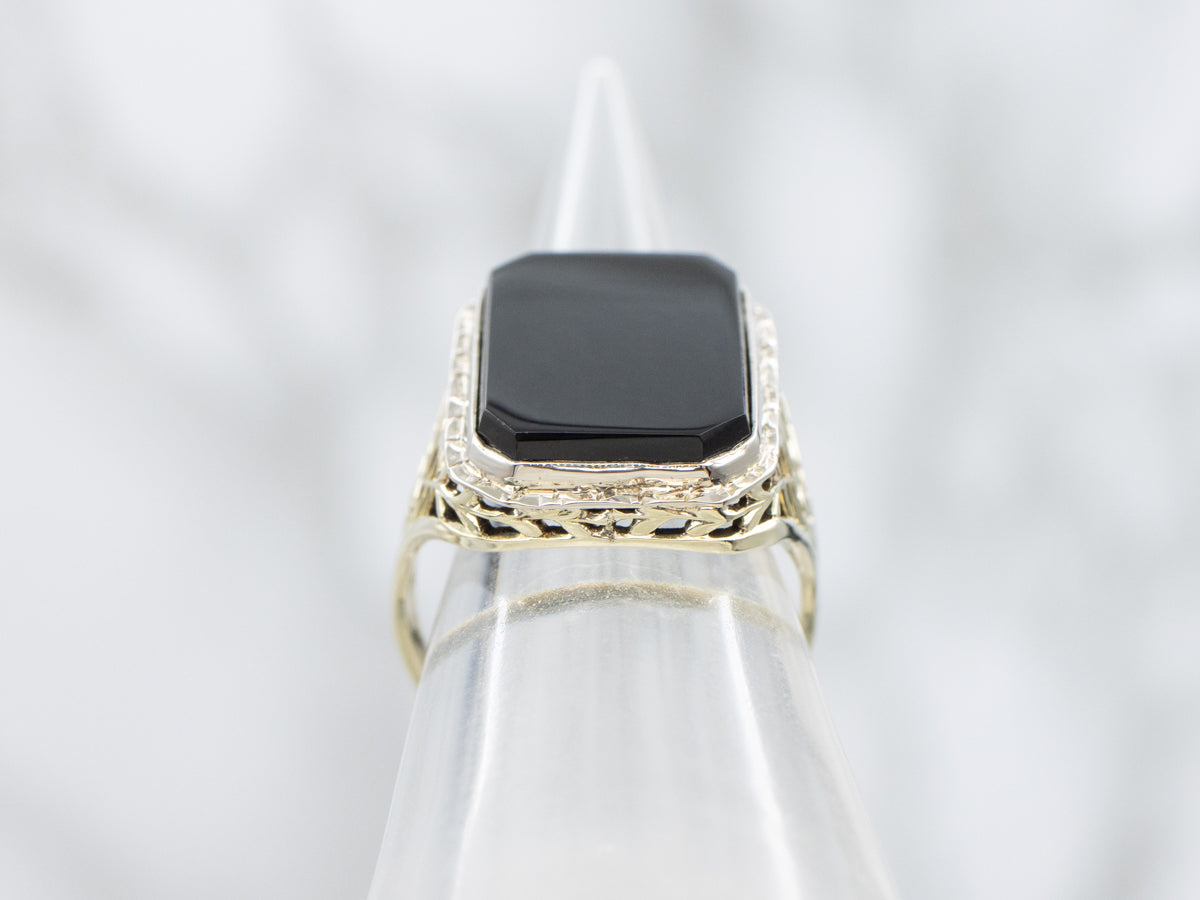 Art Nouveau Two Tone Onyx Filigree Ring