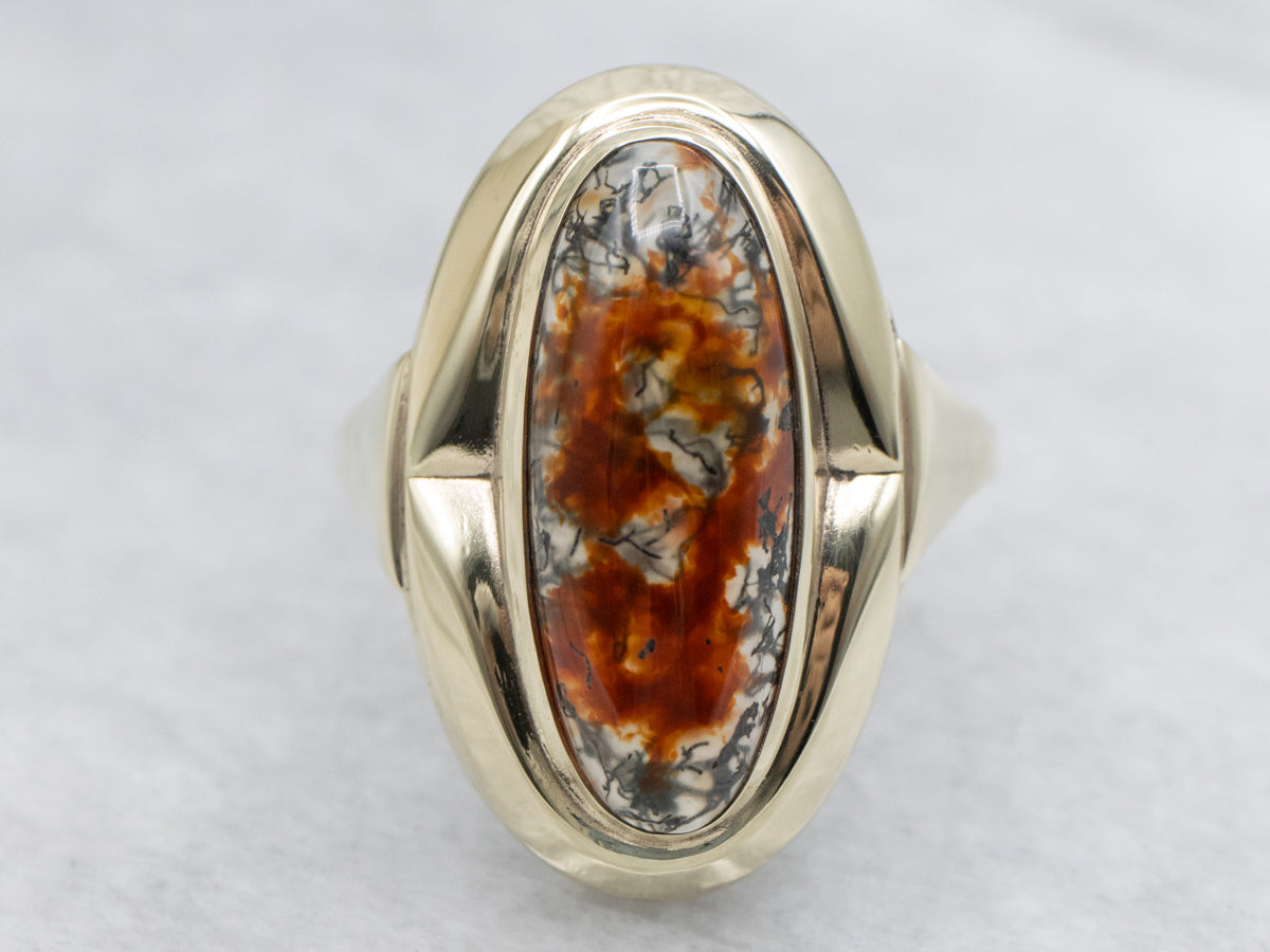 Elongated Carnelian Moss Agate and Gold Ring
