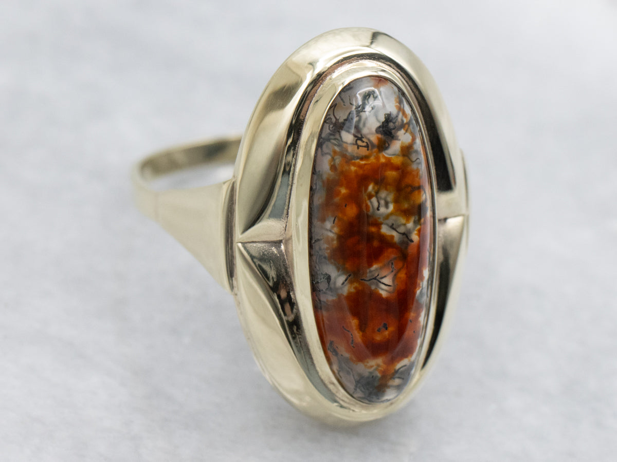 Elongated Carnelian Moss Agate and Gold Ring