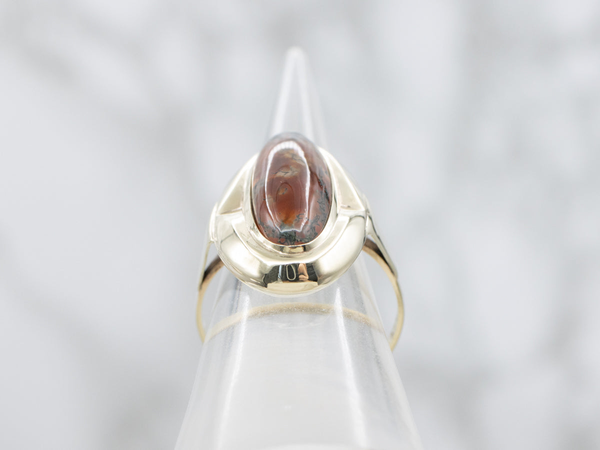 Elongated Carnelian Moss Agate and Gold Ring