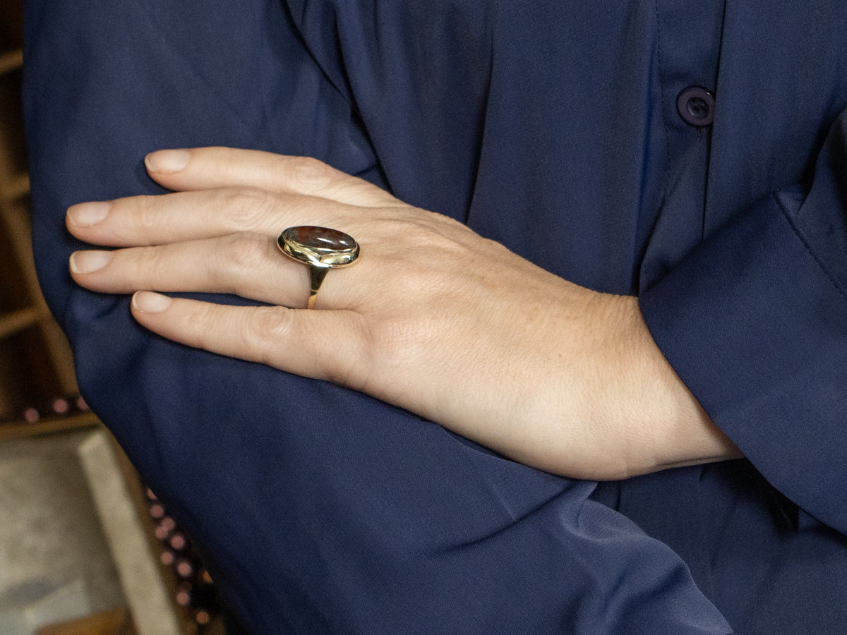 Elongated Carnelian Moss Agate and Gold Ring