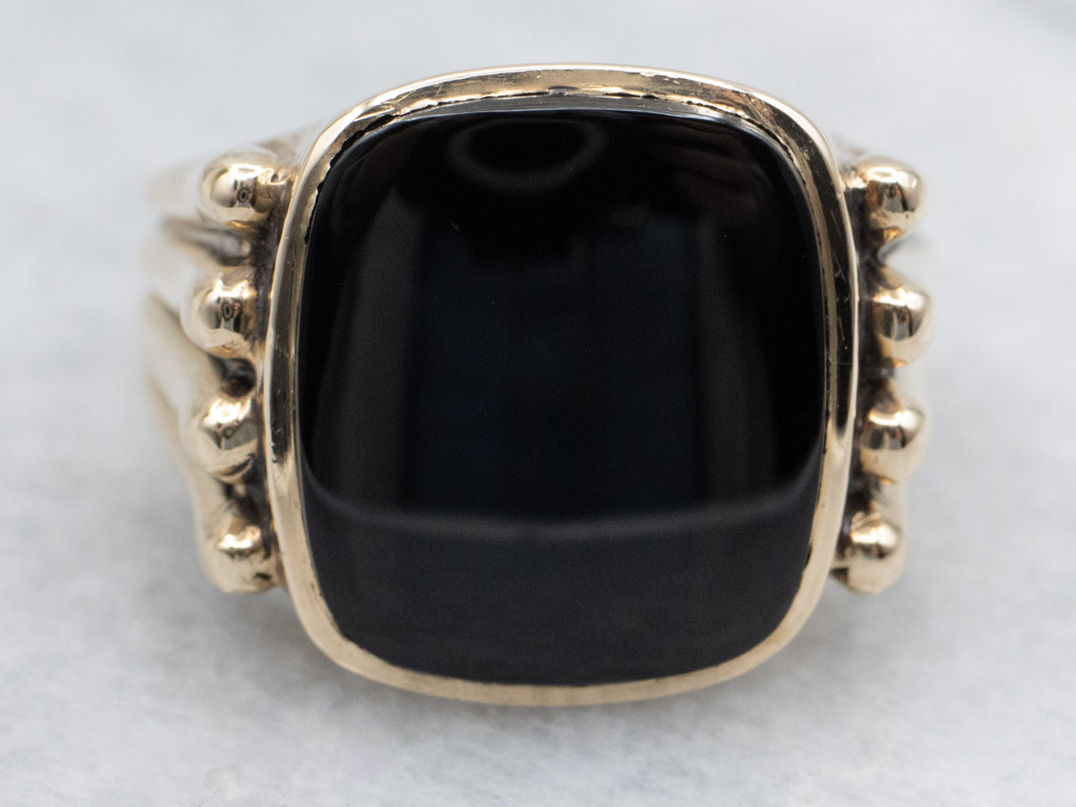 Grooved Gold Black Onyx Statement Ring