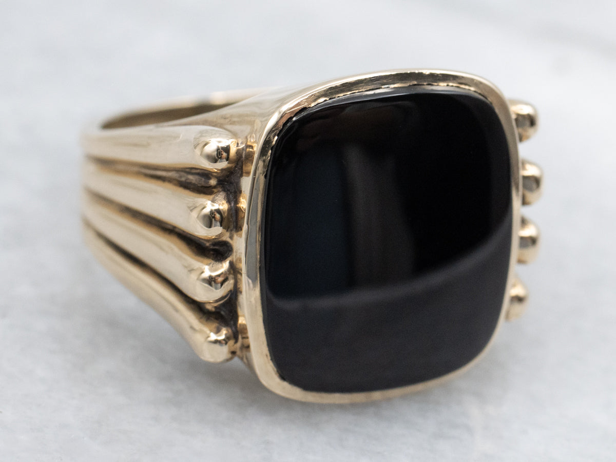 Grooved Gold Black Onyx Statement Ring