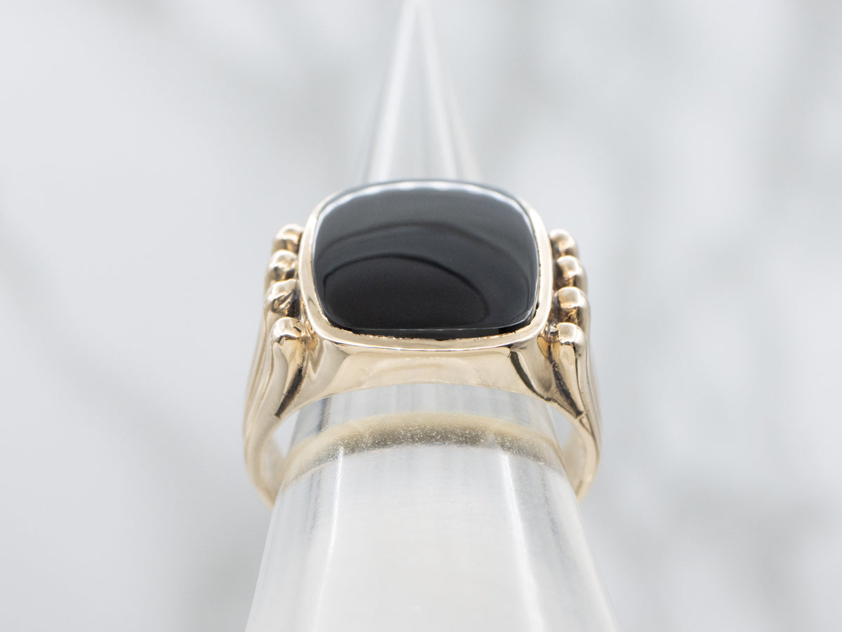 Grooved Gold Black Onyx Statement Ring