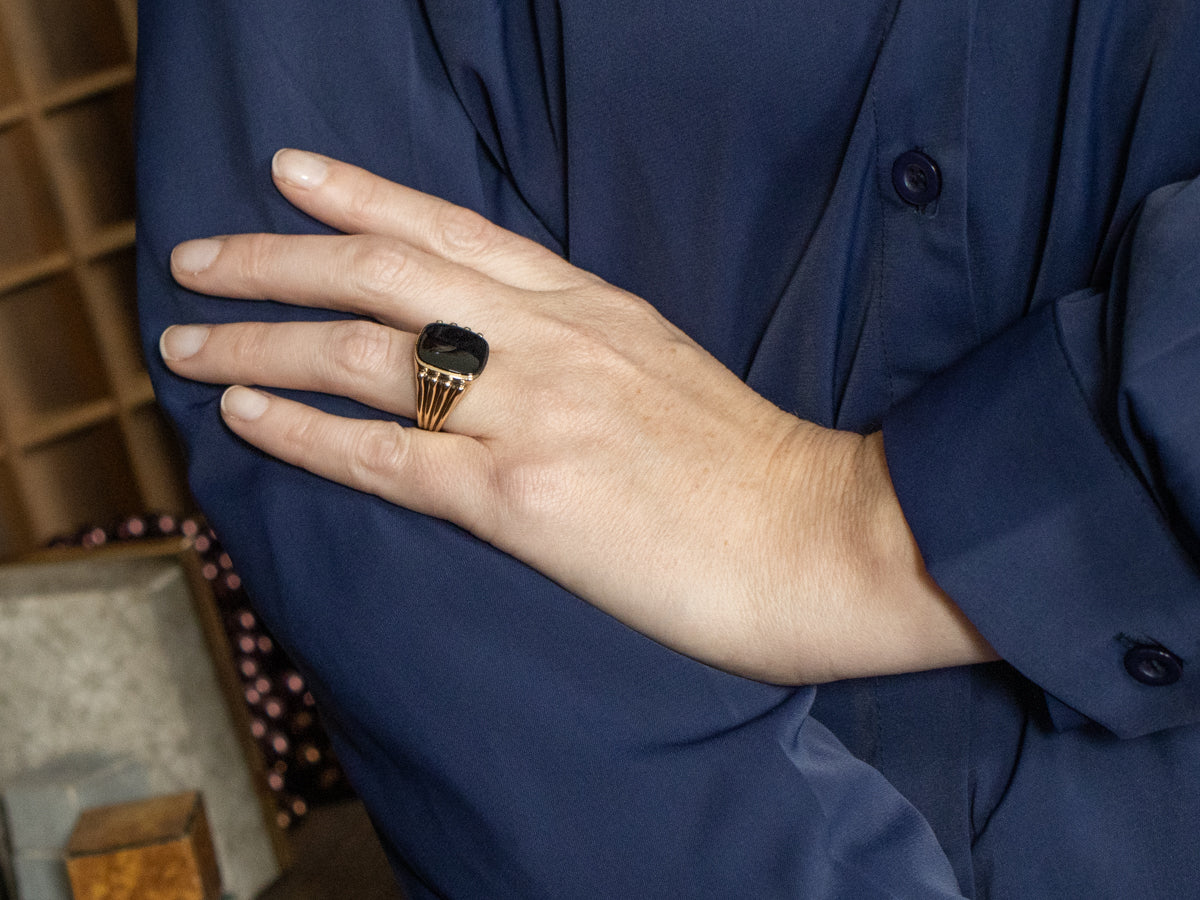 Grooved Gold Black Onyx Statement Ring