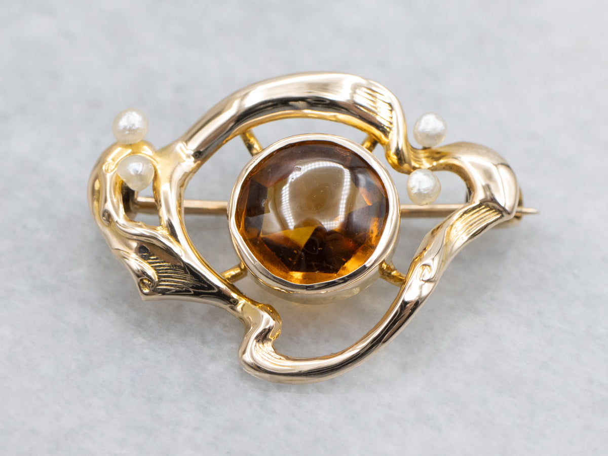 Antique Amber Glass and Pearl Brooch
