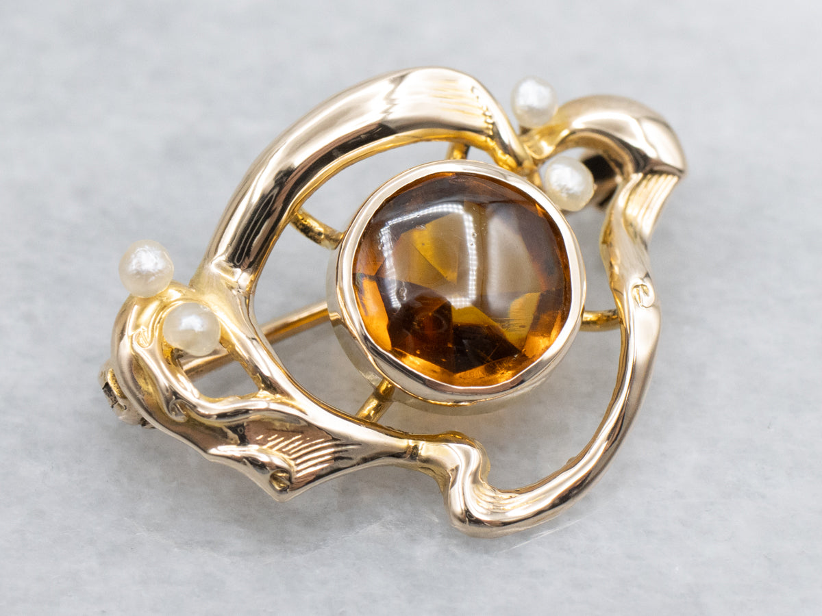Antique Amber Glass and Pearl Brooch