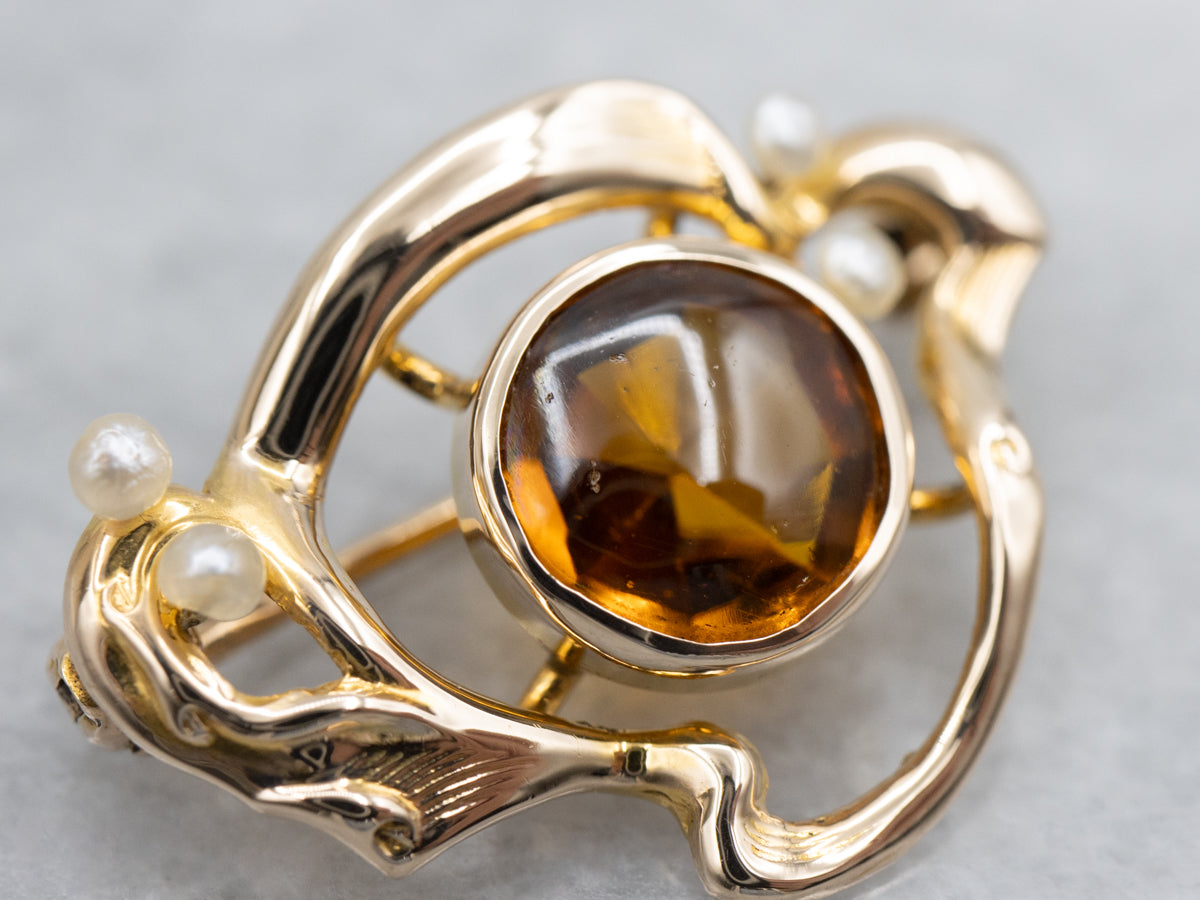 Antique Amber Glass and Pearl Brooch
