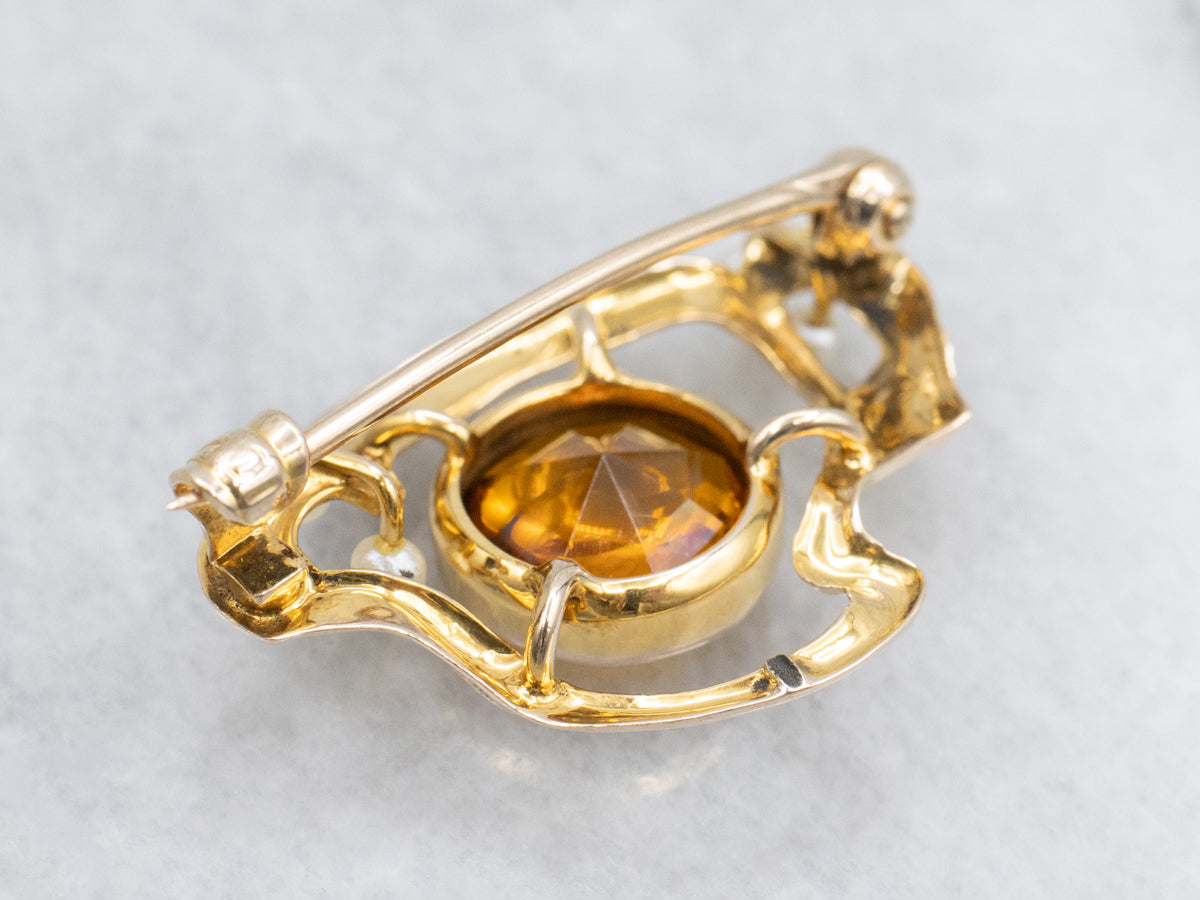 Antique Amber Glass and Pearl Brooch