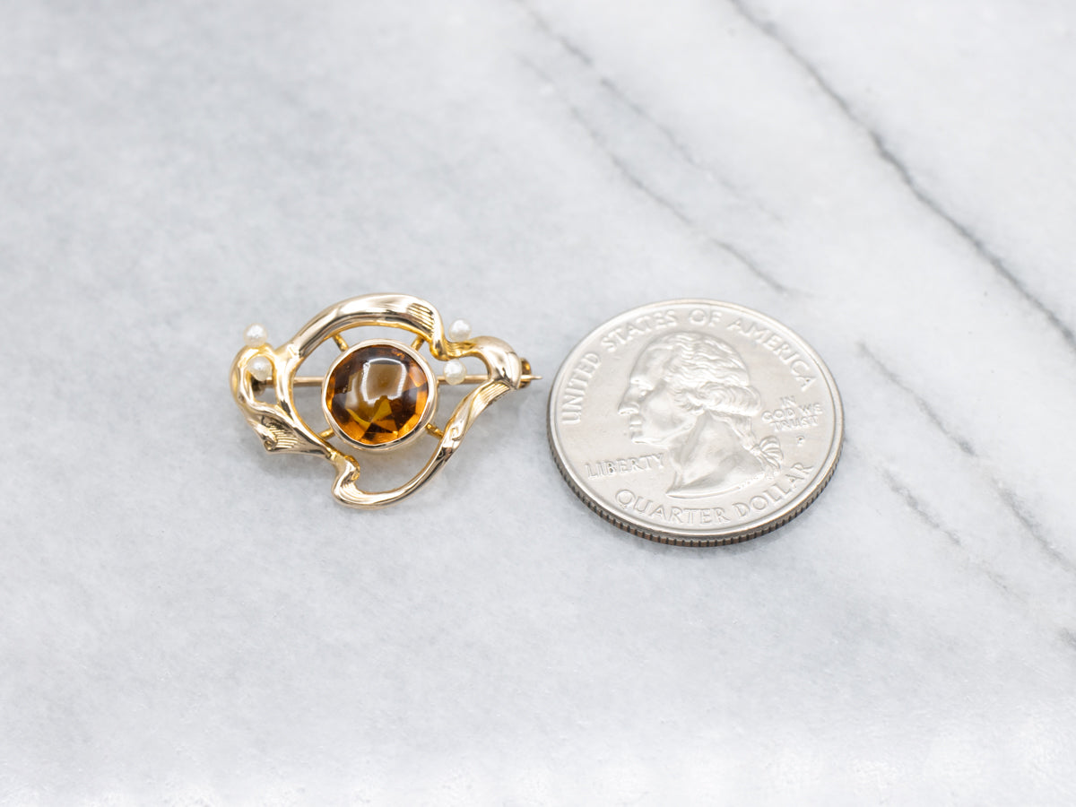 Antique Amber Glass and Pearl Brooch