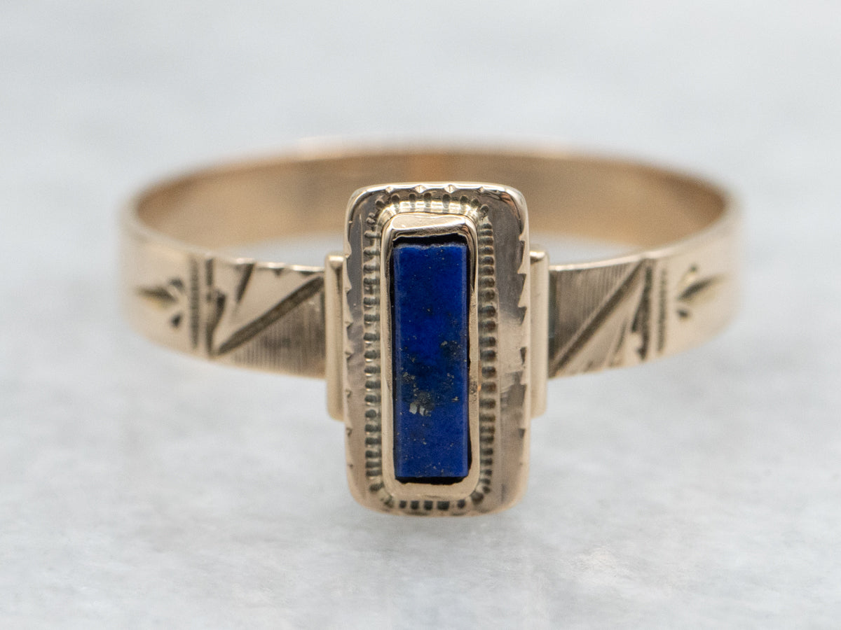 Victorian Era Bezel Set Lapis Solitaire Ring in Etched Rose Gold Setting