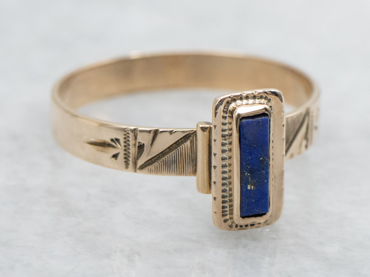 Victorian Era Bezel Set Lapis Solitaire Ring in Etched Rose Gold Setting