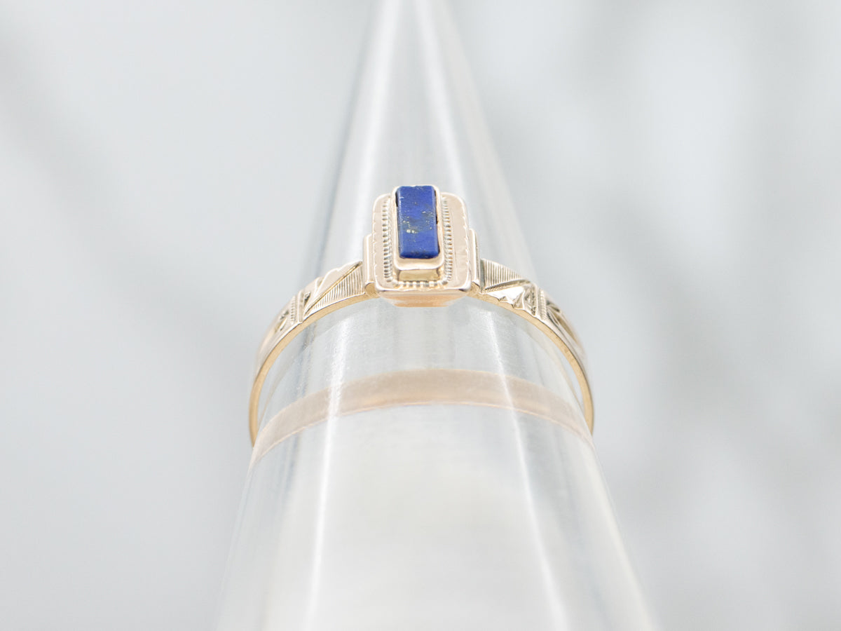 Victorian Era Bezel Set Lapis Solitaire Ring in Etched Rose Gold Setting