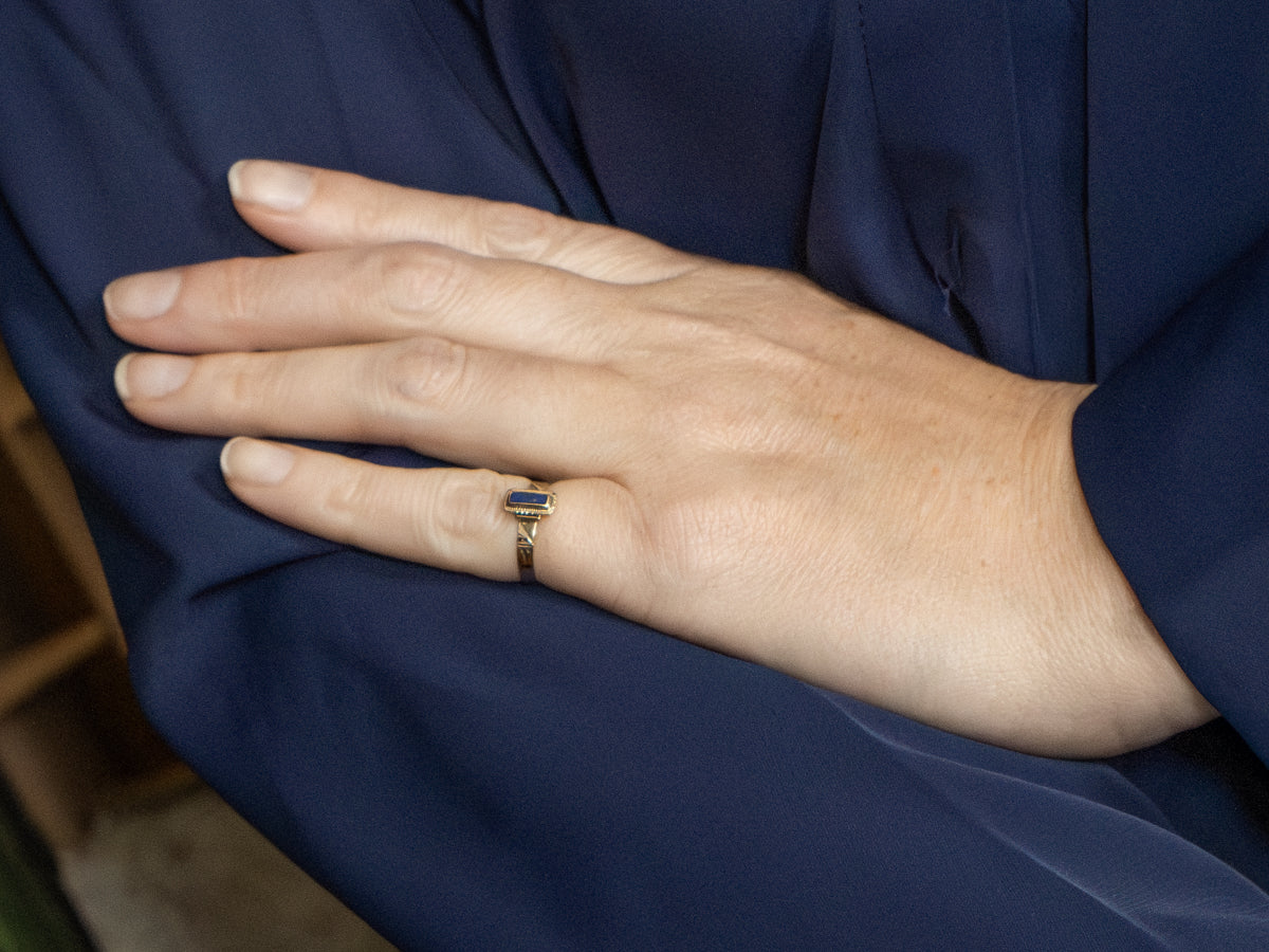 Victorian Era Bezel Set Lapis Solitaire Ring in Etched Rose Gold Setting