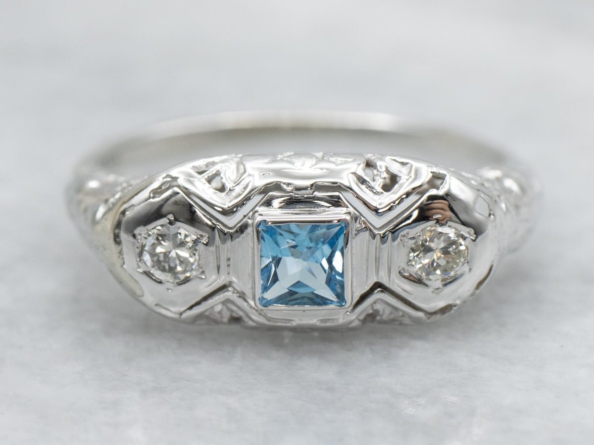 Blue Topaz and Diamond Late Art Deco White Gold Filigree Ring