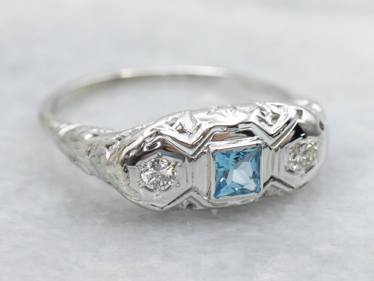 Blue Topaz and Diamond Late Art Deco White Gold Filigree Ring