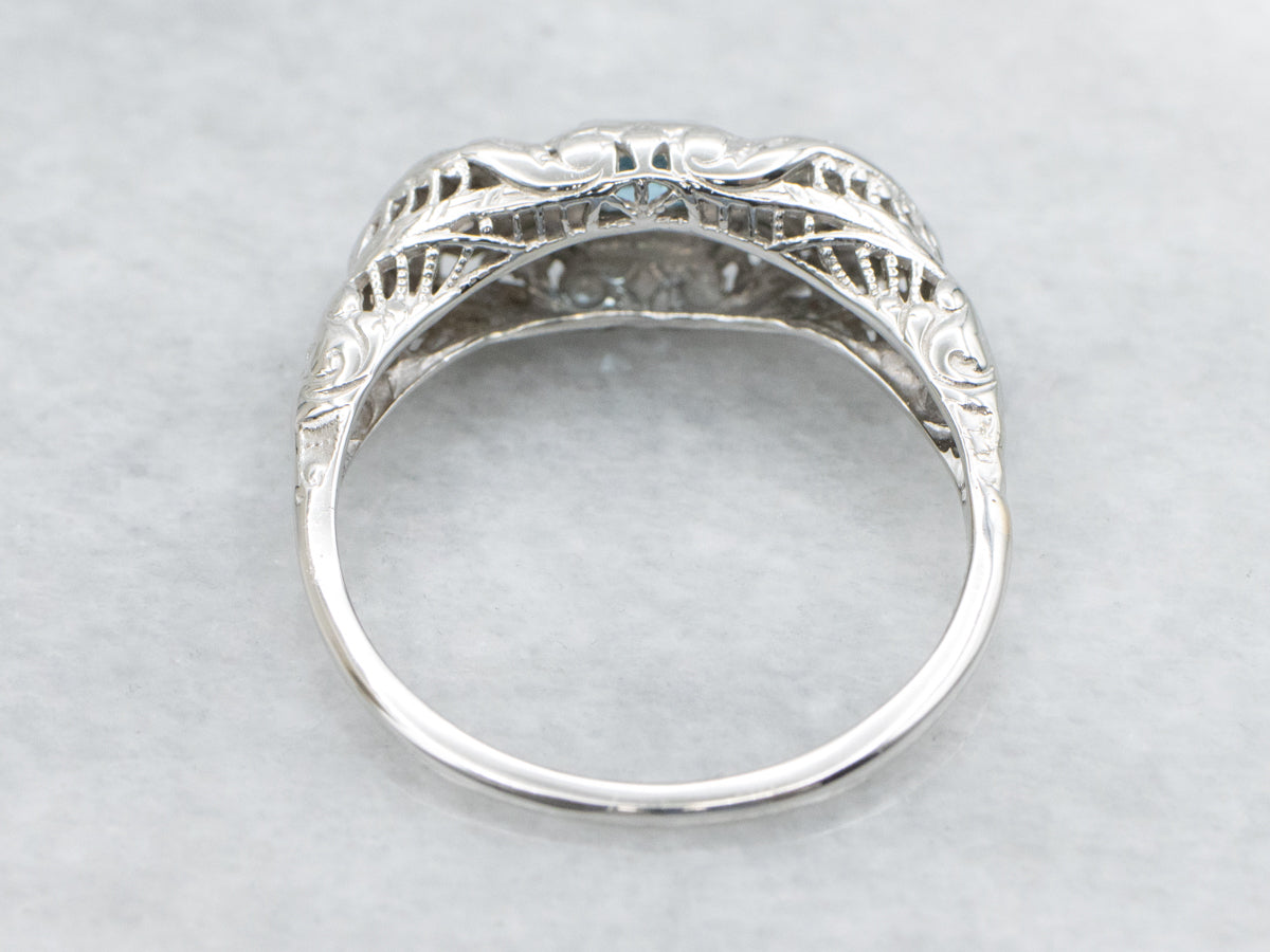 Blue Topaz and Diamond Late Art Deco White Gold Filigree Ring