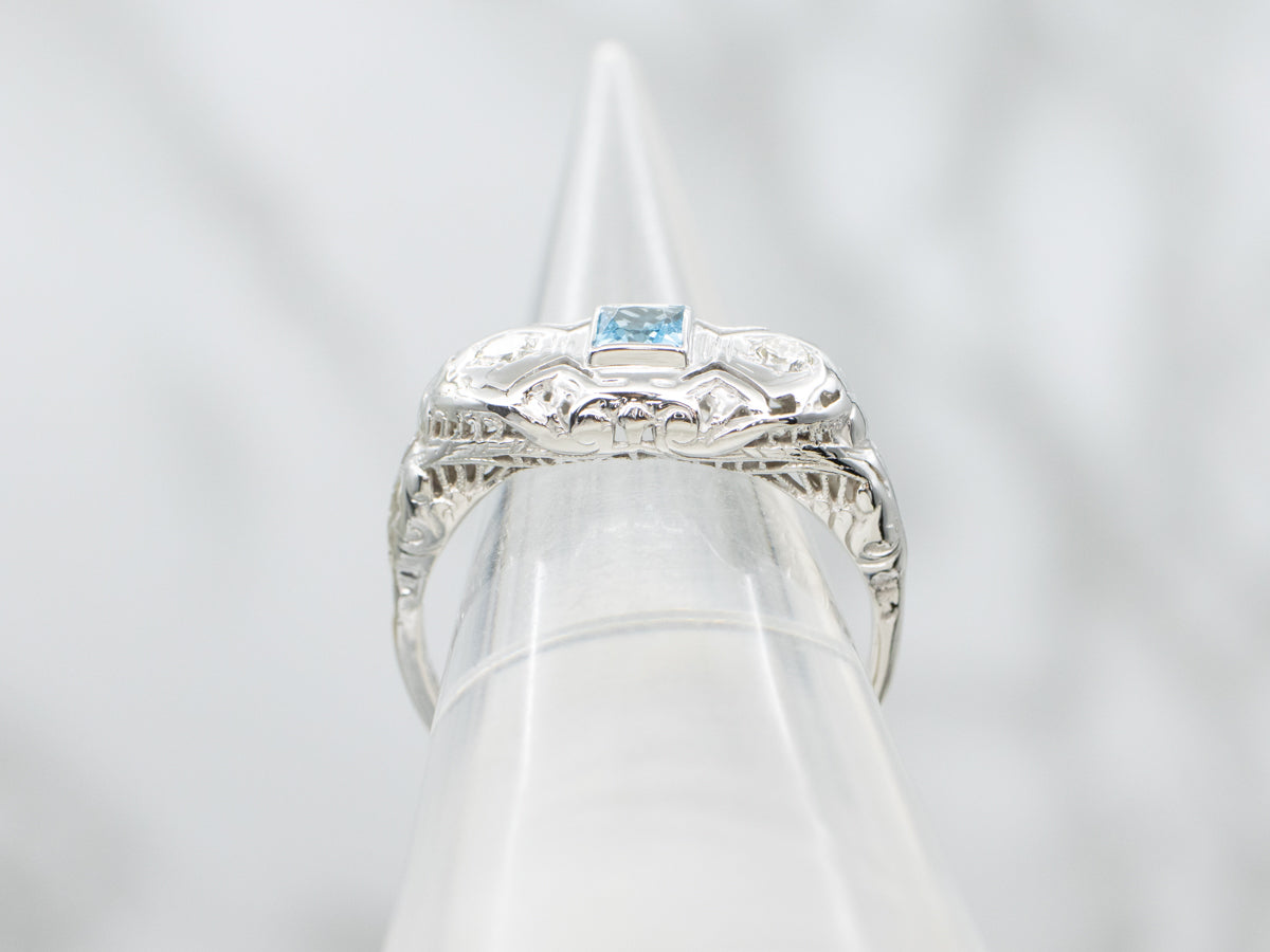 Blue Topaz and Diamond Late Art Deco White Gold Filigree Ring