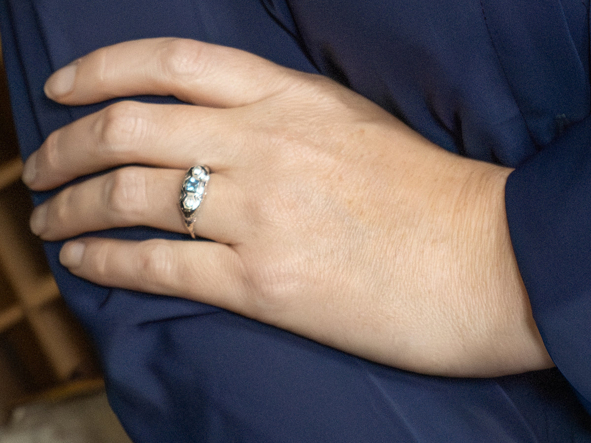 Blue Topaz and Diamond Late Art Deco White Gold Filigree Ring
