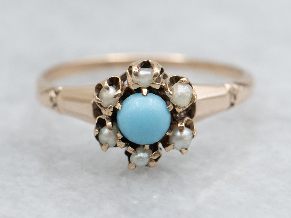 Victorian Turquoise Doublet and Seed Pearl Halo Ring in Antique Rose Gold