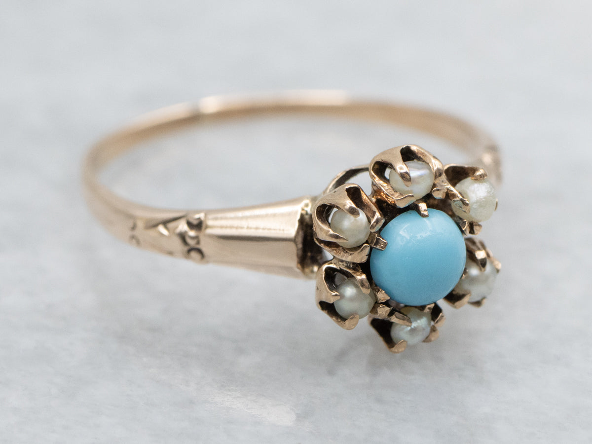 Victorian Turquoise Doublet and Seed Pearl Halo Ring in Antique Rose Gold