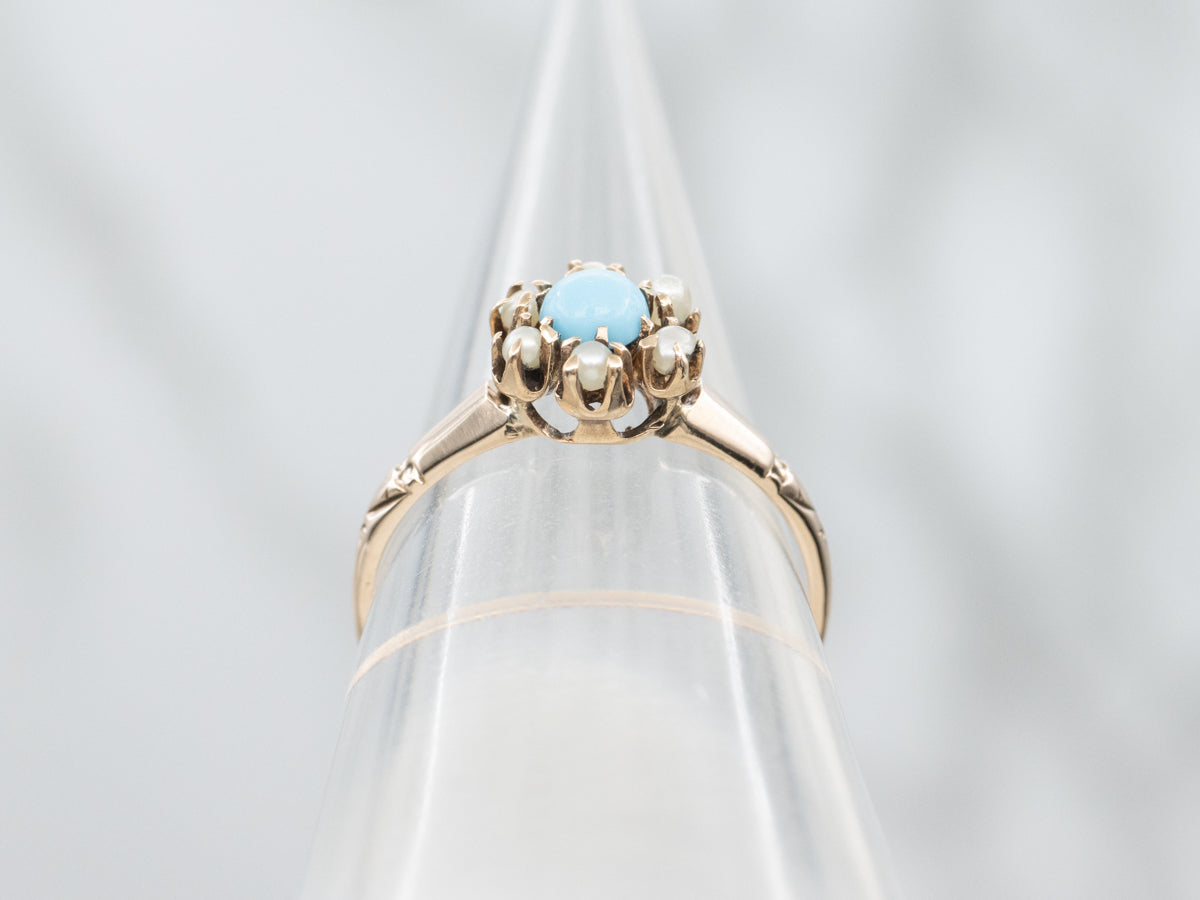 Victorian Turquoise Doublet and Seed Pearl Halo Ring in Antique Rose Gold
