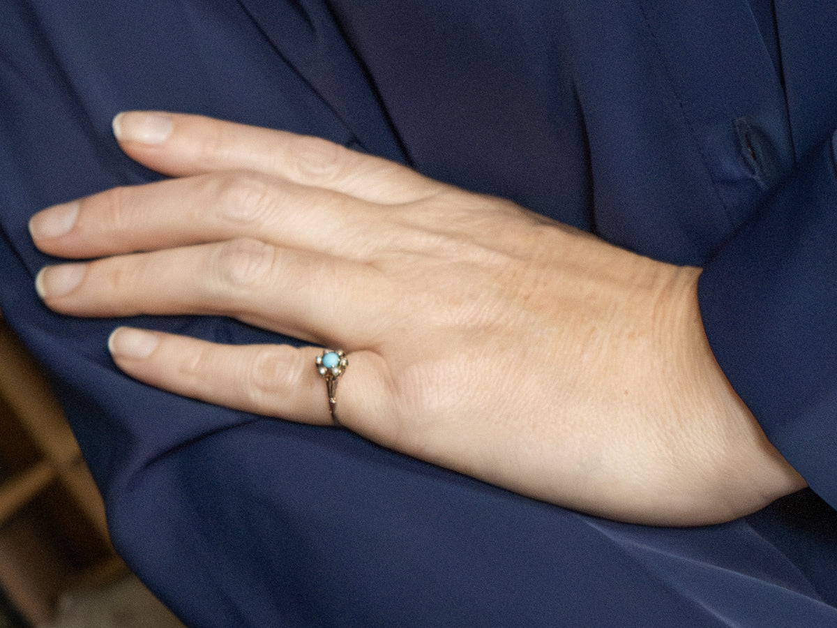 Victorian Turquoise Doublet and Seed Pearl Halo Ring in Antique Rose Gold