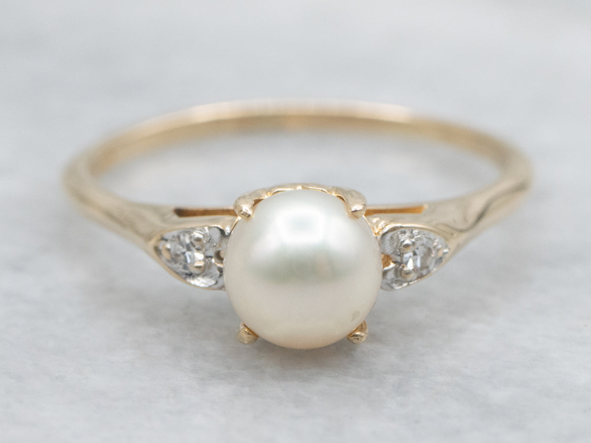 Two Tone Gold Saltwater Pearl and Diamond Sweetheart Ring