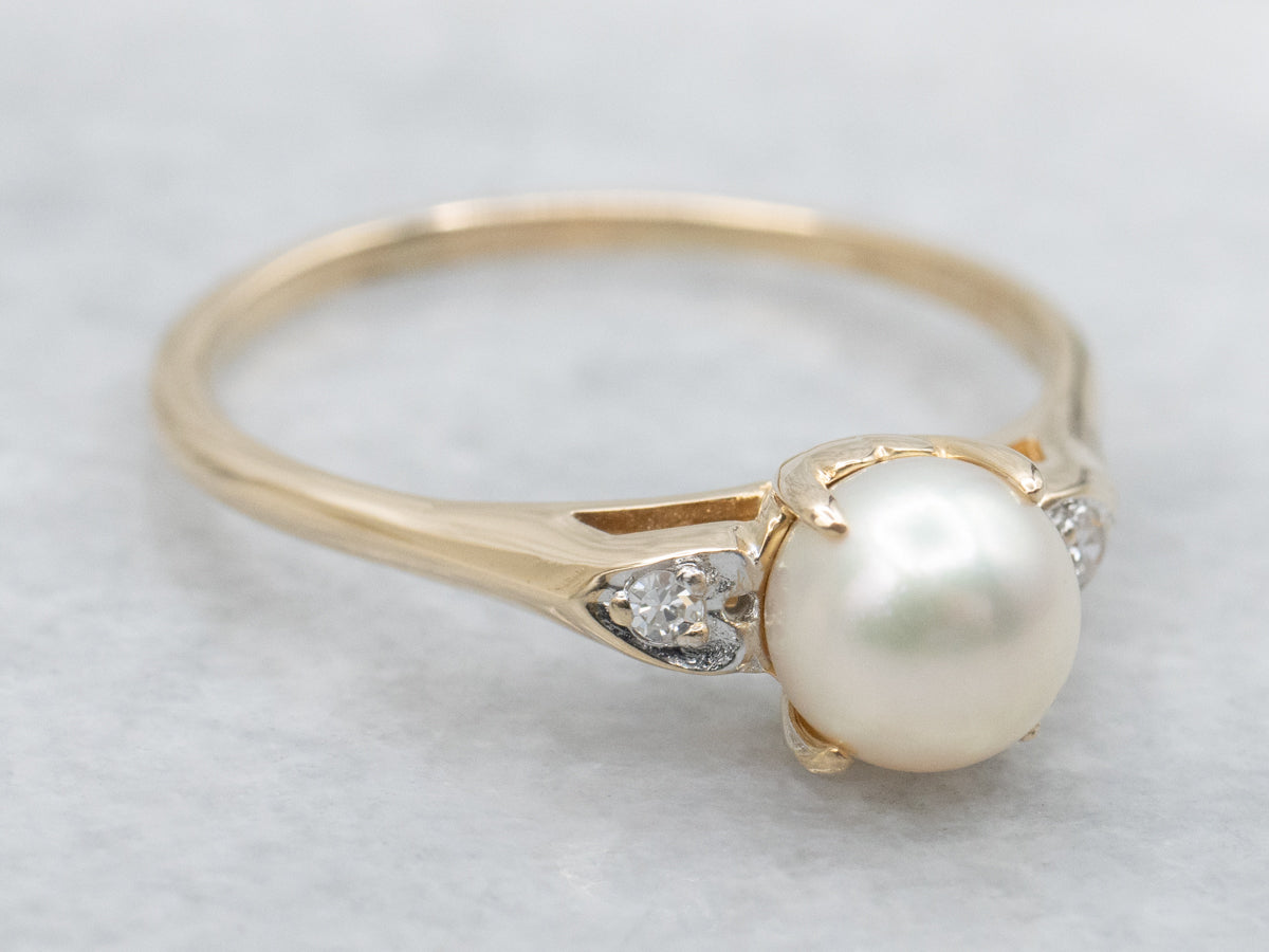 Two Tone Gold Saltwater Pearl and Diamond Sweetheart Ring