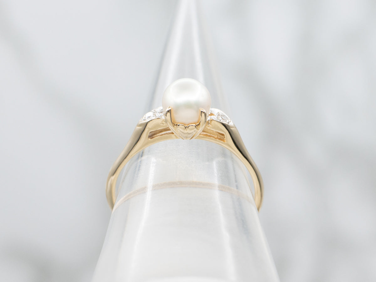 Two Tone Gold Saltwater Pearl and Diamond Sweetheart Ring