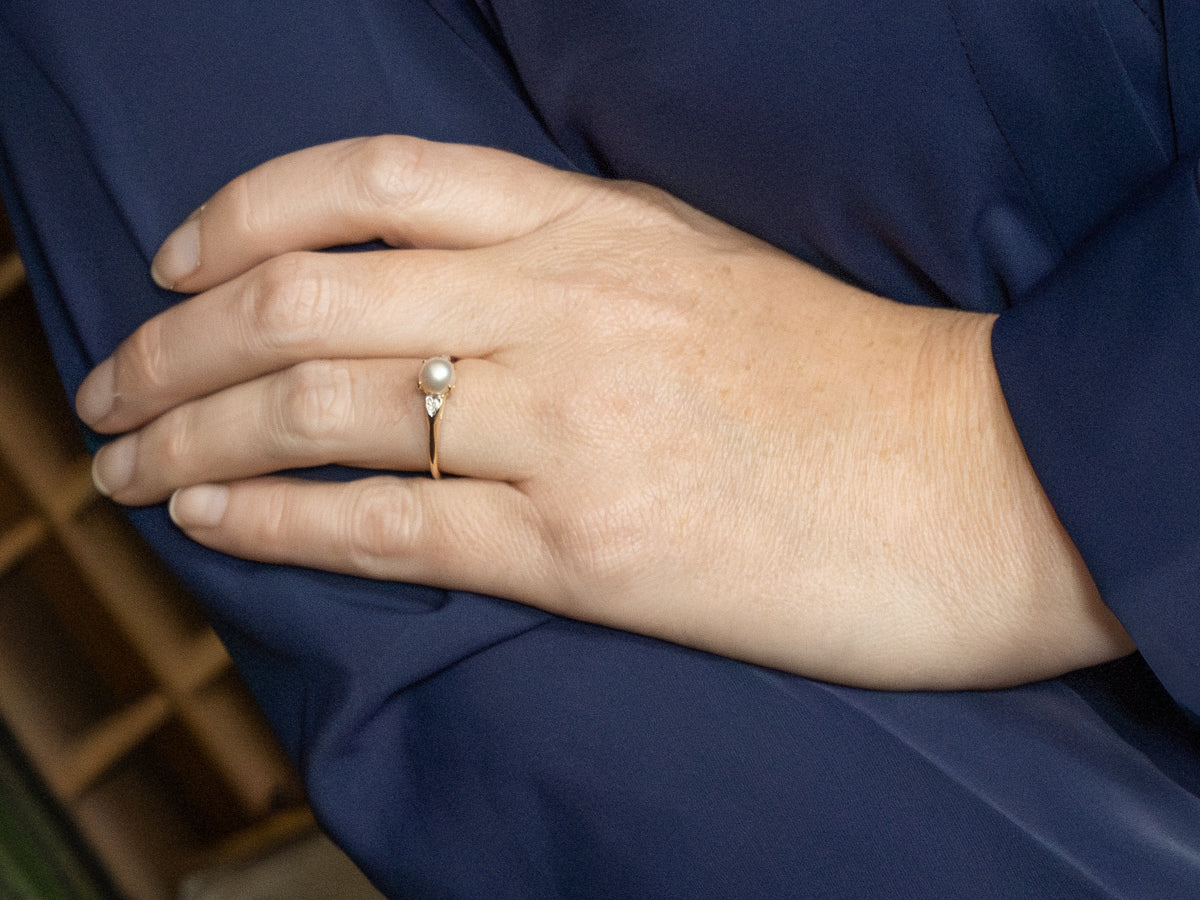 Two Tone Gold Saltwater Pearl and Diamond Sweetheart Ring