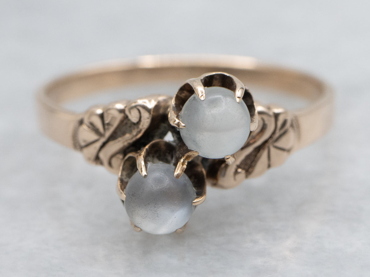 Double Moonstone Victorian Era Rose Gold Bypass Ring