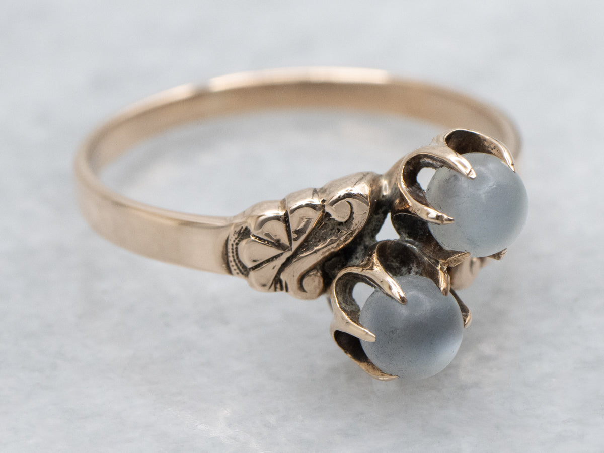 Double Moonstone Victorian Era Rose Gold Bypass Ring