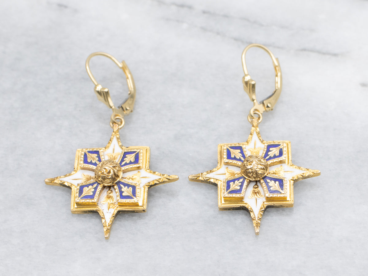 Ornate 18K Gold and Enamel Cufflink Conversion Drop Earrings