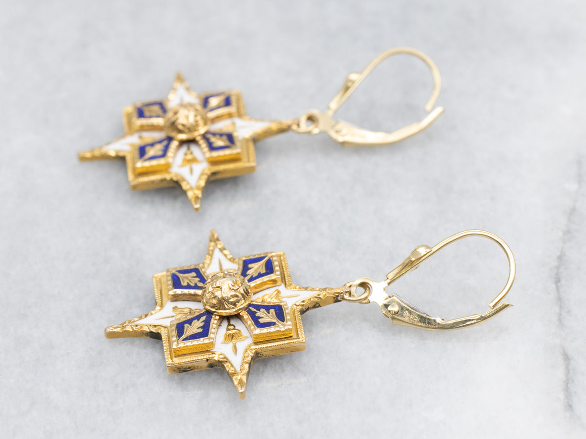 Ornate 18K Gold and Enamel Cufflink Conversion Drop Earrings