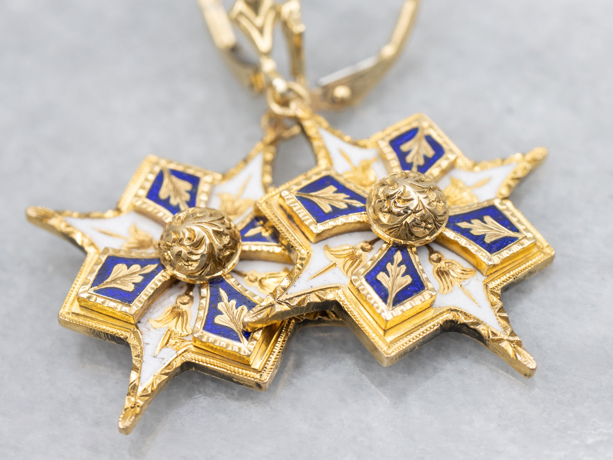 Ornate 18K Gold and Enamel Cufflink Conversion Drop Earrings